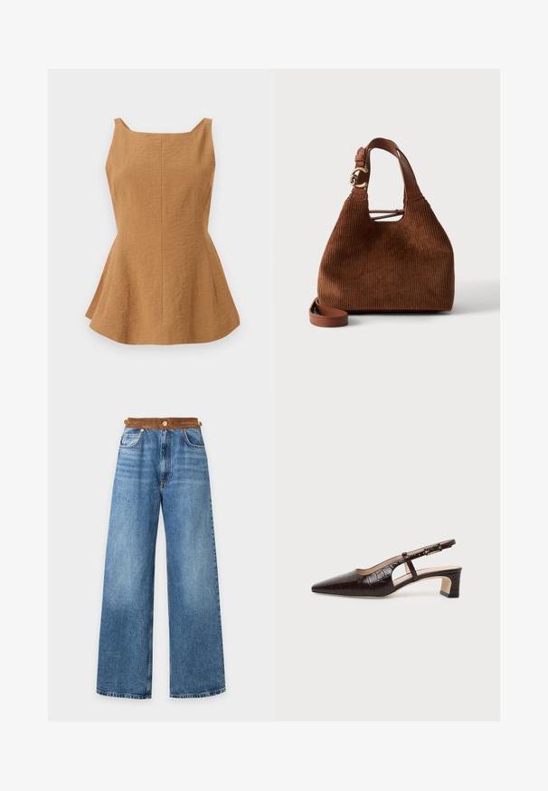 Haut sans manches en mélange de lin beige avec encolure carrée et taille ajustée s’évasant en basque.; Jean denim bleu à jambes larges avec une taille haute en suédine marron et une fermeture par bouton, présenté sur un fond blanc.; Chaussure slingback en cuir marron foncé à texture crocodile, bout pointu, talon bas bloc et bride ajustable avec boucle dorée.; Sac à main en velours côtelé marron avec une bandoulière en cuir, un détail de boucle dorée et une bandoulière d'épaule en cuir supplémentaire sur fond blanc.