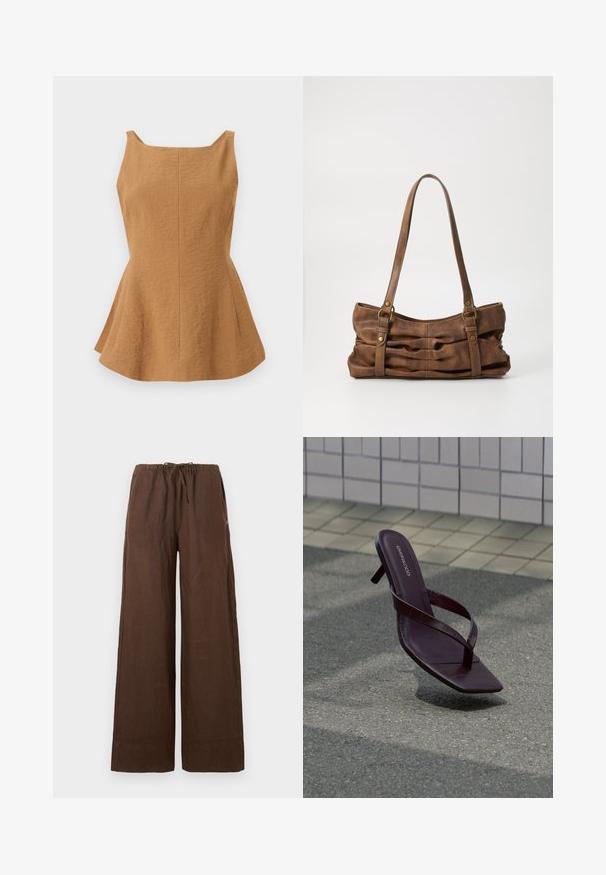 Haut sans manches en mélange de lin beige avec encolure carrée et taille ajustée s’évasant en basque.; Pantalon marron à jambes larges avec taille élastique et cordon de serrage, en tissu léger, présenté à plat sur un fond clair.; Sandale à talon brun foncé avec bout carré et fines brides flottant au-dessus d’un pavement texturé près d’un mur carrelé.; Even&Odd by Zalando Sac à main - brown