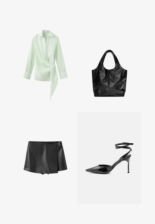 Blouse à manches longues vert clair avec col, profond décolleté en V et un détail noué en tissu sur le côté droit à la taille.; Mini-jupe noire en simili cuir avec un rabat avant chevauchant et un petit détail boucle sur le côté.; Escarpin à talon aiguille en cuir verni noir, bout pointu, fines lanières à la cheville et petite boucle.; Sac fourre-tout en cuir noir avec une texture lisse, un haut arrondi doux et de larges poignées. Présente une couture minimale et une silhouette décontractée.