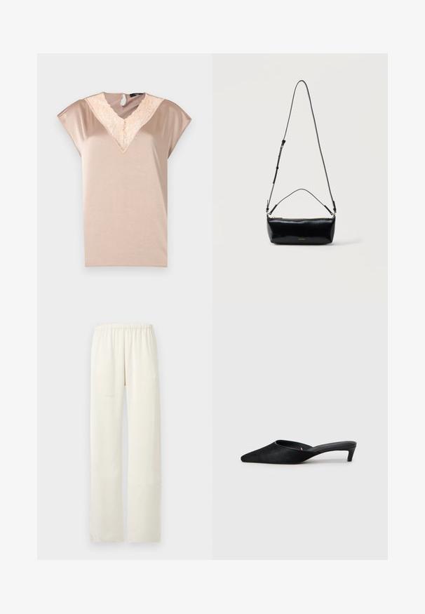 Haut à manches courtes en tissu beige doux, avec un col en dentelle en forme de V et un détail dos en forme d'œillet. Texture lisse avec une coupe décontractée.; Pantalon droit de couleur crème avec une ceinture élastique, sans poches visibles ni ornements.; Mules en daim noir avec un bout pointu et un petit talon. Caractéristiques d'une texture lisse et d'un dos ouvert pour un enfilage facile. Design simple sans motifs.; Sac bandoulière rectangulaire en cuir noir avec bandoulière ajustable, fermeture éclair sur le dessus et petit logo Calvin Klein doré sur le devant.
