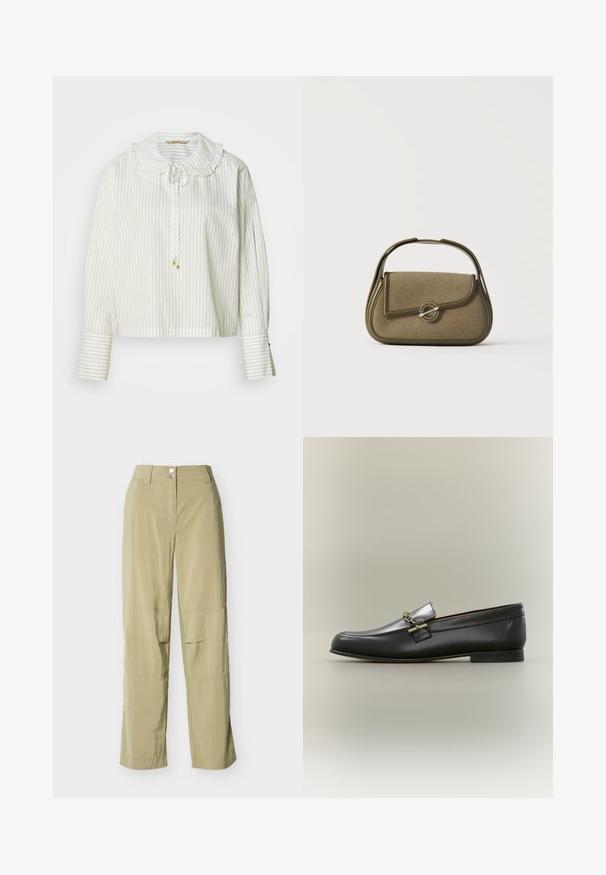 Blouse rayée blanche avec un col festonné, des manches longues et une fermeture à nouer. Dotée de détails dorés et d'une coupe décontractée.; Pantalon beige à jambes droites avec passants pour ceinture, fermeture avant par bouton et zip, et détails cousus aux genoux, présenté sur un fond uni.; Mocassin en cuir noir avec dessus argenté, détail de chaîne dorée, petit talon et bout arrondi sur fond neutre.; Petit sac à main vert olive avec des bords arrondis, une poignée supérieure et une fermeture à rabat sécurisée par un fermoir métallique circulaire.