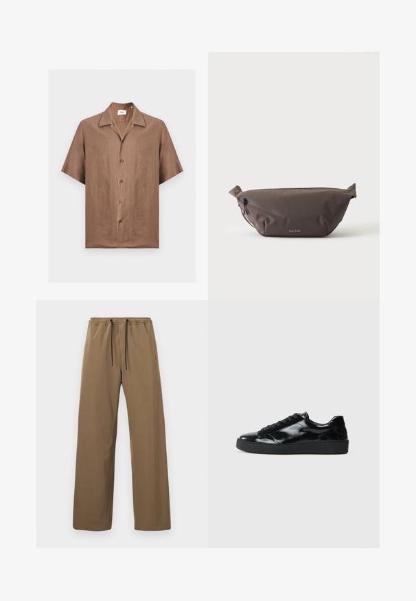 Chemise marron à manches courtes avec col ouvert, devant plat et une étiquette en tissu marquée "NN. 07" à l'intérieur du col.; Pantalon marron à coupe droite avec taille élastique et cordons noirs, présenté sur un fond clair uni.; Baskets en cuir verni noir avec un bout arrondi, un laçage, une semelle en caoutchouc texturé et une finition lisse.; Sac banane en tissu marron foncé avec poche zippée en diagonale et petit logo blanc sur le devant, sur un fond clair uni.