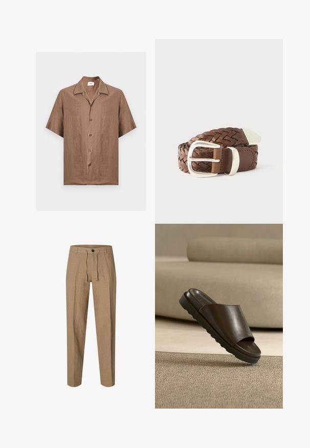 Chemise marron à manches courtes avec col ouvert, devant plat et une étiquette en tissu marquée "NN. 07" à l'intérieur du col.; Pantalon droit marron clair avec fermeture par bouton et cordon, passants de ceinture et texture subtile du tissu sur fond blanc.; Sandale slide en cuir marron foncé avec une semelle épaisse sur un tapis beige devant un canapé beige courbé.; Ceinture en cuir tressé marron avec boucle en métal argenté, passant et extrémité, enroulée sur un fond blanc.