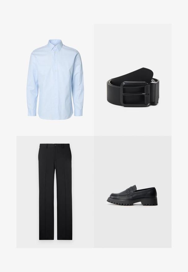 Lichtblauw herenoverhemd met lange mouwen, knoopsluiting aan de voorkant en standaardkraag op een witte achtergrond.; Zwarte, op maat gemaakte broek met een rechte pijp, zachte stof, voorvouwen en een enkele knoopsluiting in de taille.; Zwarte leren instappers met een ronde neus, voorzien van een decoratieve riem en een stevige rubberen zool met diepe groeven voor grip.; Zwarte leren riem met een matte zwarte metalen gesp, met een vlak, glad oppervlak en een taps toelopend einde. Eenvoudig ontwerp zonder versieringen.