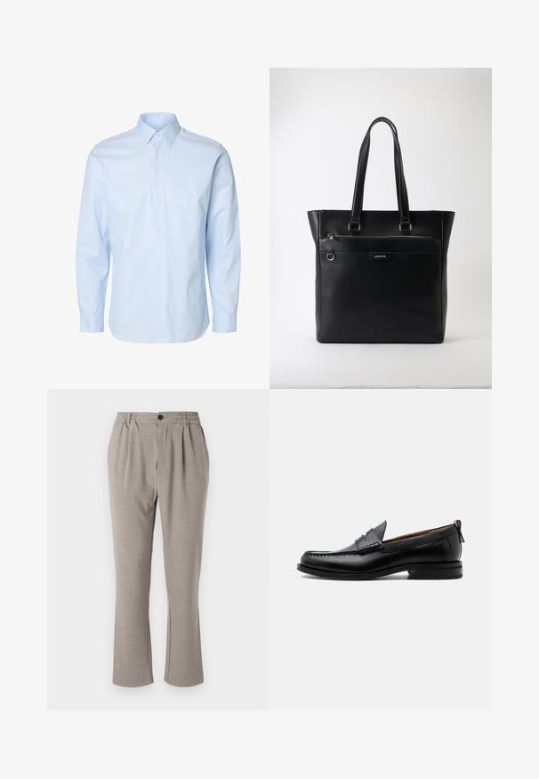 Camisa de hombre de manga larga en azul claro con cierre de botones y cuello estándar sobre fondo blanco.; Pantalones gris claro de corte relajado, hechos de una tela suave, con una cintura elástica, pinzas y un cierre de un solo botón.; Mocasín de hombre de piel negra con costura moc toe, tira penny, cuello texturizado y tacón bajo apilado sobre fondo blanco.; Bolso tote de piel negra texturizada con dos asas, bolsillo delantero con cremallera, anilla de metal y logo de Lacoste sobre fondo blanco.