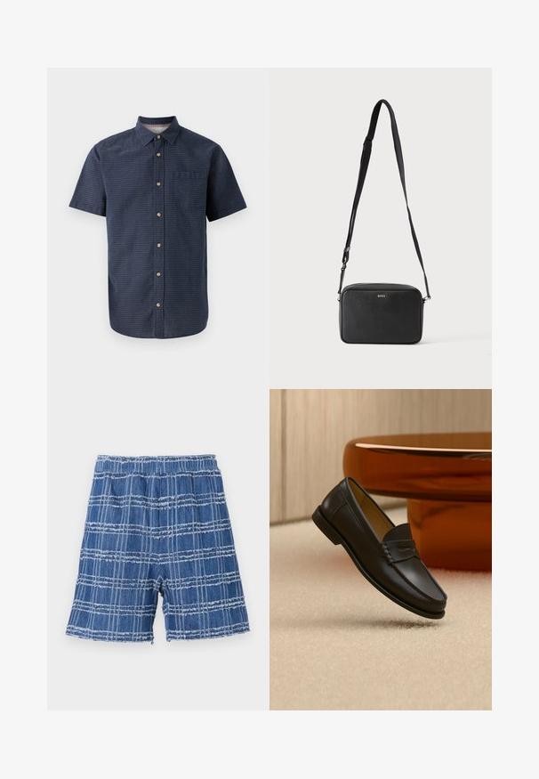 Lühikeste varrukatega meeste särk tumedas sinises kangas tekstuuri mustriga, kraega kaelus, nööbiga esiosa ja üks rinnatasku.; Denim lühikesed püksid, millel on kulunud äär, sinise ruudulise mustriga. Elastne vöökoht, sirge lõige ja pehme tekstuur.; Mustast nahast loafer-tüüpi king ripub beežikal vaibal, taustal on merevaigu värvi moodne mööbel.; Must ristkülikukujuline risti kandmise kott reguleeritava rihmaga ja ees BOSS logo, ühetoonilise heleda tausta ees.