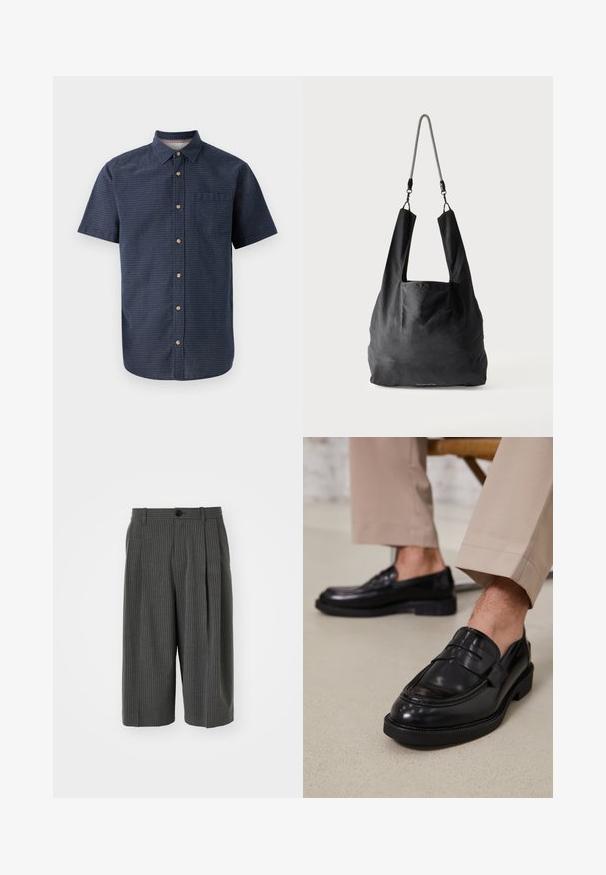 Korte mouwen herenhemde in donkerblauwe stof met een gestructureerd patroon, kraag, knoopsluiting aan de voorkant en een enkele borstzak.; Grijze pinstriped wijde shorts met een knoopsluiting en geplooide voorkant. Gemaakt van een textiel met structuur, en heeft een tailored ontwerp.; Zwarte leren loafers met een gladde afwerking, voorzien van een decoratieve band en contrasterende stiksels, gecombineerd met beige broeken.; Zwart zachte stoffen draagtas met brede handvatten en een dunne zwart-witte gevlochten schouderriem.