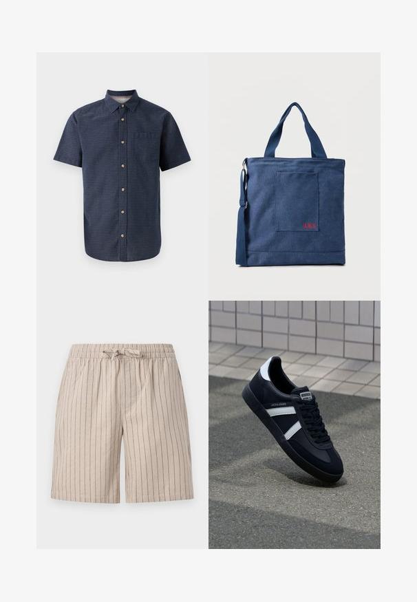 Korte mouwen herenhemde in donkerblauwe stof met een gestructureerd patroon, kraag, knoopsluiting aan de voorkant en een enkele borstzak.; Beige gestreepte shorts van lichtgewicht stof. Heeft een elastische tailleband met een trekkoord en zijzakken. Verticale streepdetails.; Zwarte leren sneaker met witte strepen, een gestructureerde rubberen zool en vetersluiting aan de voorkant. Voorzien van een merklabel op de tong.; Blauwe canvas tas met voorvak en rode "O.N.S" borduring, voorzien van dubbele handvatten en een verstelbare schouderriem.
