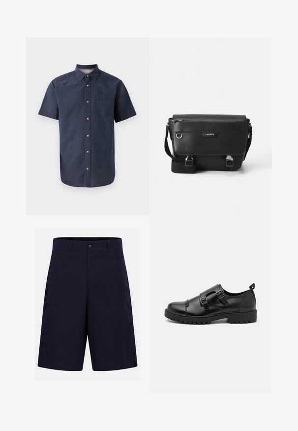 Chemise à manches courtes pour homme en tissu bleu foncé avec un motif texturé, col à boutons, fermeture devant à boutons et poche poitrine unique.; Shorts bleu marine foncé, longueur genou, avec passants pour ceinture, fermeture par un seul bouton, et un design simple et épuré.; Pier One by Zalando Mocassins de ville - black; Sac messager Lacoste noir texturé avec bandoulière ajustable, rabat avant, poche zippée et fermetures à boucle en métal.