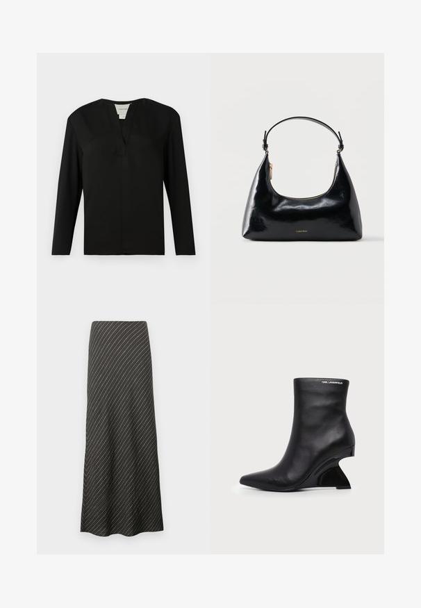 Zwarte top met lange mouwen van een gladde stof. Heeft een notch halslijn en een minimalistisch ontwerp met een rechte snit zonder versieringen.; Zwarte midi-rok met diagonale witte strepen, gemaakt van een gladde stof. Heeft een uitgewaaierde stijl en een A-lijn silhouette.; Zwarte leren enkellaars met gebogen gesculpteerde hak en Karl Lagerfeld-logo nabij de bovenrand op een witte achtergrond.; Zwarte glanzende Calvin Klein handtas met gouden rits en korte band tegen een effen witte achtergrond.