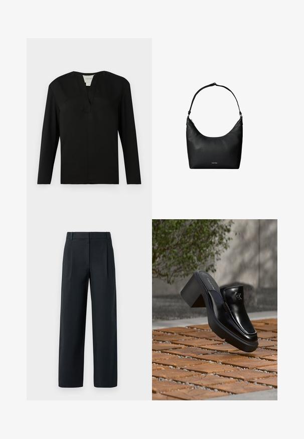 Zwarte top met lange mouwen van een gladde stof. Heeft een notch halslijn en een minimalistisch ontwerp met een rechte snit zonder versieringen.; Zwarte op maat gemaakte broek met een rechte pijp, voorzien van voorplooien, een gladde textuur en ceintuurlussen. Geen zichtbare zakken.; Zwarte leren Calvin Klein slip-on mule met blokhak rustend op houten tegels buiten, vlak bij een groene plant en een grijze muur.; Zwarte gestructureerde leren schoudertas met een enkele riem en een klein Calvin Klein-logo aan de voorkant in het midden.