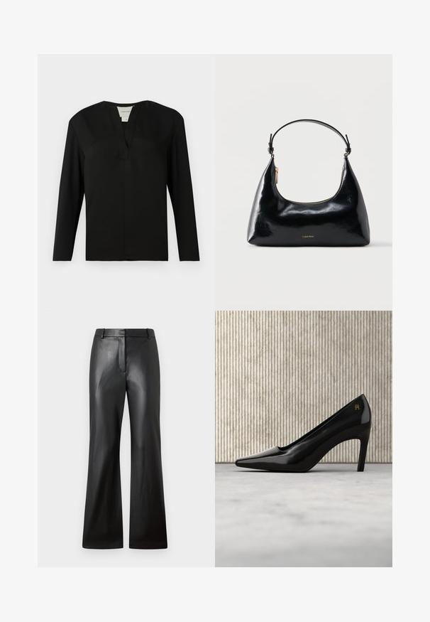Top negro de manga larga hecho de una tela suave. Presenta un escote con muesca y un diseño minimalista con corte recto y sin adornos.; Pantalones de cuero negro con una textura suave, diseño de pierna ancha y una cinturilla de altura media que presenta trabillas para cinturón y bolsillos frontales.; Zapato de tacón alto negro con punta puntiaguda y detalle de logotipo dorado, colocado de pie sobre una superficie reflectante junto a un organizador metálico para archivos.; Bolso negro brillante de Calvin Klein con cremallera dorada y correa corta sobre un fondo blanco liso.