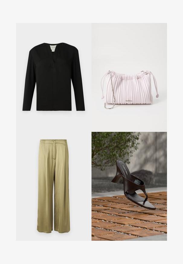 Haut noir à manches longues en tissu lisse. Présente un col en V et un design minimaliste avec une coupe droite et sans ornements.; Pantalons amples de couleur vert olive, fabriqués en tissu lisse, avec une fermeture à bouton à l'avant et des détails plissés à la taille.; Sandale à talon marron Calvin Klein suspendue au-dessus d'un sol extérieur en dalles de bois et gravier avec un arrière-plan flou de verdure et de pierres.; Sac à main plissé rose en simili cuir, avec une fermeture à cordon et une bandoulière en chaîne argentée. Texture lisse, forme compacte.