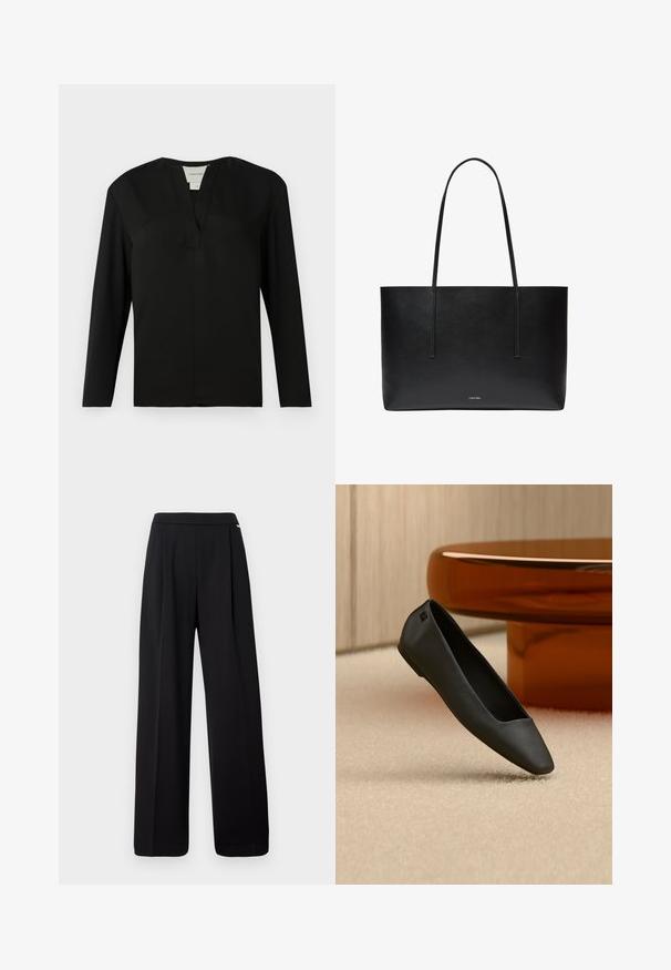 Zwarte top met lange mouwen van een gladde stof. Heeft een notch halslijn en een minimalistisch ontwerp met een rechte snit zonder versieringen.; Zwarte wijde broek met hoge taille, voornaden en een gladde tailleband, weergegeven tegen een witte achtergrond.; Zwarte platte schoen met puntige neus, rustend op een beige tapijt naast een ronde amberkleurige tafel in een minimalistische kamer.; Zwarte leren tote-tas met lange hengsels en een klein Calvin Klein-logo, gecentreerd vlakbij de onderkant aan de voorkant.