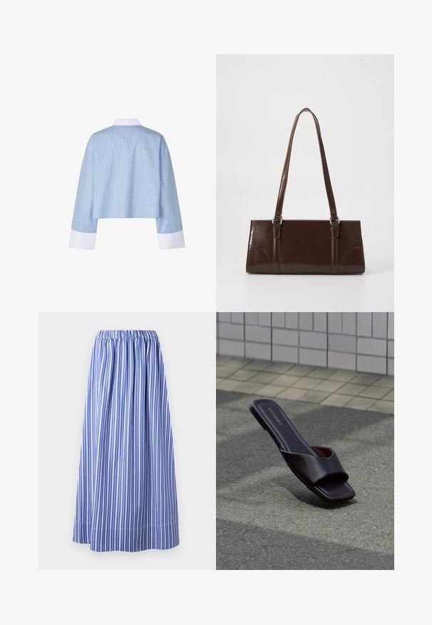 Chemise bleue courte avec des rayures verticales, dotée d'un col et de poignets blancs. Le tissu semble lisse avec une texture douce.; Jupe rayée bleu et blanche avec une taille élastique, jusqu'au genou, fabriquée en tissu léger, présentant des rayures verticales et un design évasé.; Sandale slide marron foncé à bout carré et large bride, posée sur un goudron gris près d'un trottoir carrelé.; Sac à main en cuir verni marron de forme rectangulaire, avec deux longues poignées et des accents courbés subtils à l'avant.