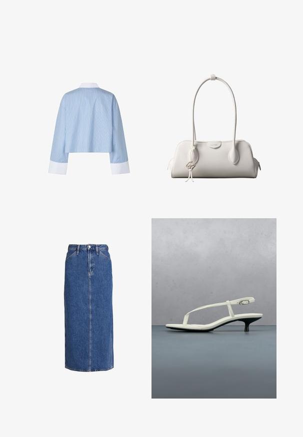 Beskåret blå skjorte med vertikale striber, featuring en hvid krave og mansjetter. Stoffet ser glat ud med en blød tekstur.; Denim midi nederdel i mellemblå med lige snit, forkant knaplukning, to sidelommer og synlige sømme for struktur.; Hvid sandal med stropper og kitten-hæl med spids tå, svævende over et trægulv udendørs med en sløret plante og væg i baggrunden.; Hvid Calvin Klein skuldertaske med lange håndtag, rektangulær form, lynlåslukning og dekorativt logohæng tæt på håndtaget.