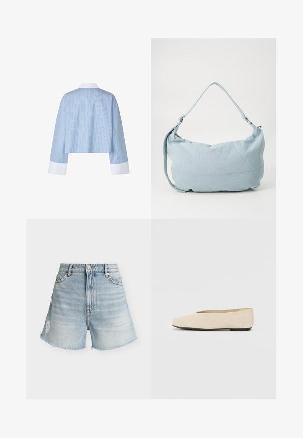Beskåret blå skjorte med vertikale striber, featuring en hvid krave og mansjetter. Stoffet ser glat ud med en blød tekstur.; Lyseblå denimshorts med høj talje, forreste knap og lynlås, forlommer, let distressed detalje på venstre lår og frynsede kanter.; Beige ruskind ballerina med rund tå, flad sål og minimalistisk design. Glat tekstur uden synligt hardware eller udsmykninger.; Lysblå denim skuldertaske i en rund form, justerbar rem og diskret syning langs den nederste kant. Blød tekstur.