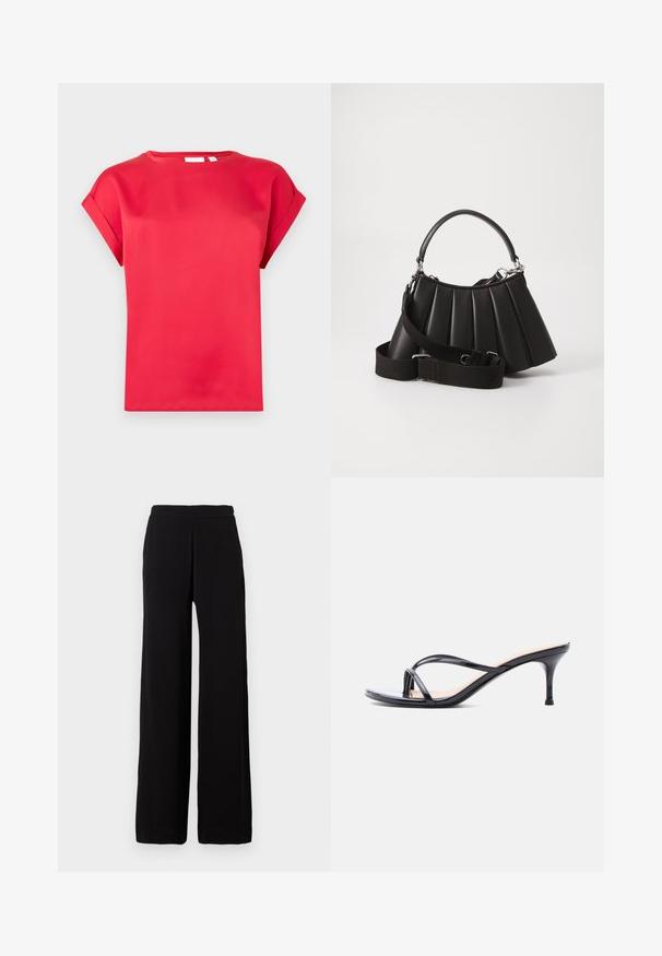 Camiseta corta roja de manga corta hecha de material suave, con cuello redondo y puños enrollados, que presenta un ajuste relajado y sin patrones visibles.; Pantalones negros de pierna ancha hechos de tela suave con una cintura elástica, con un diseño limpio y sin patrones o detalles visibles.; Sandalia de tacón de charol negro con tiras finas cruzadas y un tacón de aguja delgado de altura media, sobre un fondo blanco.; Bolso de mano negro con pliegues, manejo redondeado, correa ajustable y textura brillante. Presenta herrajes plateados y una silueta estructurada.