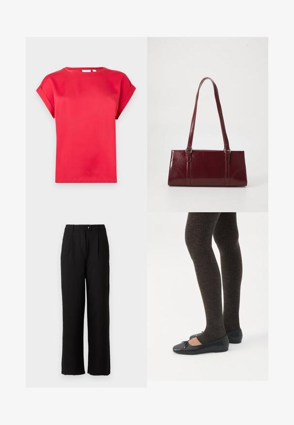 Camiseta corta roja de manga corta hecha de material suave, con cuello redondo y puños enrollados, que presenta un ajuste relajado y sin patrones visibles.; Pantalones negros hechos de una tela suave, con un diseño de pierna recta, pliegues frontales y un cierre de botón estándar en la cintura.; Piernas con leggings oscuros acanalados combinados con bailarinas negras que presentan pequeños detalles de lazo sobre un fondo blanco.; Bolso burdeos hecho de material brillante, de forma rectangular, con dos asas para el hombro y sutiles acentos curvados en la parte frontal.