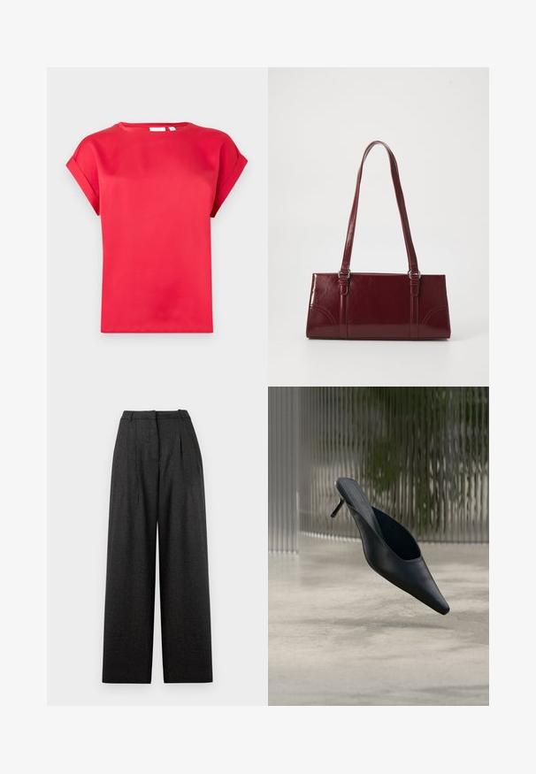 Camiseta corta roja de manga corta hecha de material suave, con cuello redondo y puños enrollados, que presenta un ajuste relajado y sin patrones visibles.; Pantalones de pierna ancha en patrón de cuadros gris oscuro, con cintura alta, pliegues y un ajuste estructurado. Fabricados en tela texturada.; Zapato mule negro de punta fina con tacón alto y delgado flotando sobre un suelo de hormigón liso, con un fondo desenfocado de rayas verticales.; Bolso burdeos hecho de material brillante, de forma rectangular, con dos asas para el hombro y sutiles acentos curvados en la parte frontal.