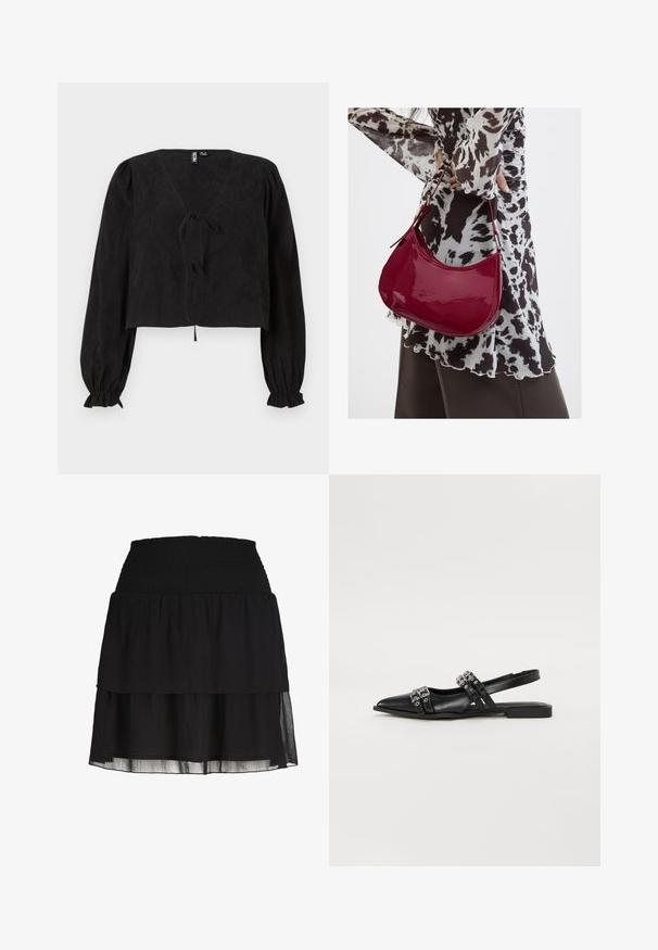 Schwarze, kurz geschnittene Bluse mit V-Ausschnitt, langen Puffärmel und einem Bindedetail vorne. Texturierter Stoff verleiht dem Design Tiefe.; Schwarzer Stufen-Minirock mit breitem, gerafftem elastischem Bund und leicht transparenten Stofflagen.; Even&Odd Sling-Ballerina - black; Frau trägt eine schwarz-weiß gemusterte Bluse und hält eine glänzende rote Schultertasche vor einem einfarbigen Hintergrund.