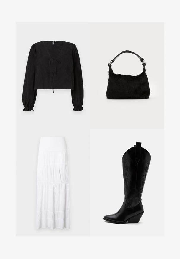 Zwarte cropped blouse met een V-hals, lange pofmouwen en een strikdetail aan de voorkant. Gestructureerde stof voegt diepte toe aan het ontwerp.; Witte, gelaagde maxi-rok gemaakt van lichtgewicht stof. Voorzien van een elastische tailleband en een subtiele textuur met horizontale naden.; Zwarte leren cowboylaars met puntige neus, schuine blokhak, decoratieve stiksels en aantreklusjes bovenaan tegen een witte achtergrond.; Zwarte neplederen handtas met een zachte textuur, ronde vorm en een stevige zwartleren schouderband. Zilveren hardwareaccenten zichtbaar.