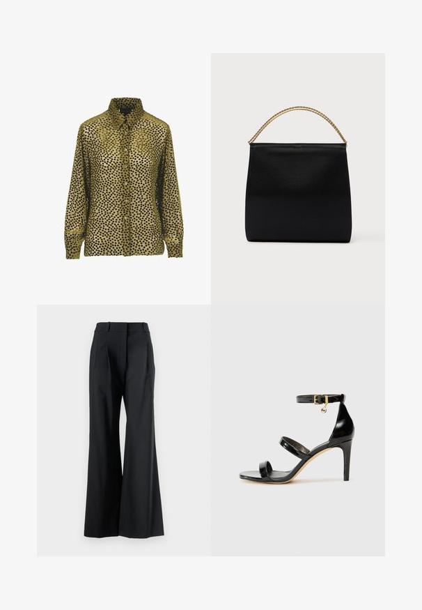 Grünes Samtshirt mit schwarzen Punkten, durchgehende Knopfleiste und spitzem Kragen. Lange Ärmel mit geknöpften Manschetten, Strukturoberfläche.; Veronica Beard OLLIE PANT - Stoffhose - black; Schwarze Lackleder-Sandale mit drei Riemen, Knöchelriemen und 10 cm hohen Stiletto-Absatz. Verfügt über goldfarbene Hardware-Details und ein Logo-Charm.; Schwarze Tasche aus glattem Stoff mit strukturierter Form, einem Griff aus goldener Kette und minimalistischem, geometrischem Design.