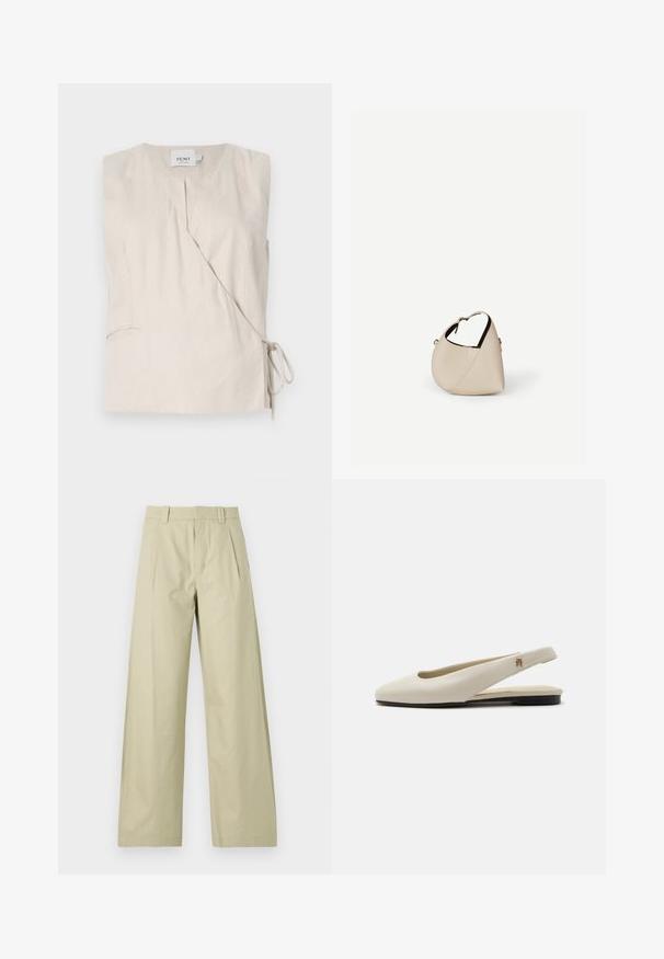 Top sin mangas de lino beige con un diseño envolvente, que presenta un escote en V, un lazo lateral y una textura sutil. Incluye un pequeño detalle de bolsillo.; Pantalones de pierna ancha en algodón de color beige claro, con una parte delantera plana con pliegues, presillas para cinturón y dobladillos acampanados. Textura suave y diseño casual.; Zapato plano slingback de cuero color crema con puntera redondeada y pequeño emblema dorado en la correa.; Bolso de cuero beige en forma de media luna con una sola correa para el hombro y costuras mínimas, colocado sobre un fondo blanco liso.