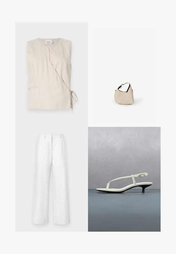 Top sin mangas de lino beige con un diseño envolvente, que presenta un escote en V, un lazo lateral y una textura sutil. Incluye un pequeño detalle de bolsillo.; Pantalones de pierna ancha en lino blanco ligero con un sutil acabado texturizado, que presentan un pliegue frontal y una cintura estándar.; Sandalia blanca de tacón kitten con tiras y punta afilada, flotando sobre un suelo de baldosas de madera al aire libre, con un fondo desenfocado de plantas y pared.; Bolso de cuero beige en forma de media luna con una sola correa para el hombro y costuras mínimas, colocado sobre un fondo blanco liso.