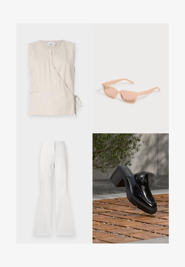 Top sin mangas de lino beige con un diseño envolvente, que presenta un escote en V, un lazo lateral y una textura sutil. Incluye un pequeño detalle de bolsillo.; Pantalones acampanados blancos hechos de tejido ligero, con una textura suave, detalle de costura frontal y una cinturilla ajustada.; Mule tipo slip-on de cuero negro de Calvin Klein con tacón de bloque descansando sobre baldosas de madera al aire libre cerca de una planta verde y una pared gris.; Gafas de sol rectangulares color melocotón claro con montura gruesa y lentes tintadas a juego sobre un fondo claro y liso.