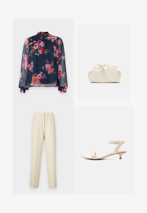 Bloem blouse met lange, doorzichtige mouwen; marineblauwe basis kleur met roze en oranje bloemen; hoge halslijn en geplooide manchetten bij de polsen.; Lichte crème tailored broek met een textuur van bloemmotief, met een rechte pijp en een schone tailleband met een achtersluiting.; Beige sandaal met lage hak, voorzien van een enkele teenriem en een verstelbare enkelriem met een kleine gouden gesp, op een witte achtergrond.; Zachte, crèmekleurige leren clutch met geplooid, gerimpeld ontwerp en een dunne schouderriem die vooraan op een effen achtergrond ligt.