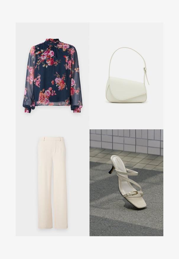 Bloem blouse met lange, doorzichtige mouwen; marineblauwe basis kleur met roze en oranje bloemen; hoge halslijn en geplooide manchetten bij de polsen.; Licht beige wijde broek met voorplooien, een gladde textuur en zijzakken. Gemaakt van een zachte stof met een gepolijste uitstraling.; Beige hoge hak sandaal met dunne bandjes en een kleine gouden gesp, getoond op een gestructureerd straatoppervlak tegen een betegelde muur.; Witte nepleren handtas met een gestructureerde driehoekige vorm, een enkele verstelbare schouderriem en een klep met ronde accenten.