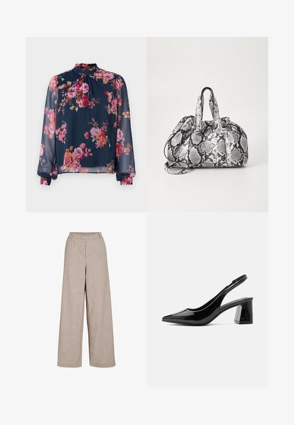 Blomstret bluse med lange, transparente ærmer; marineblå bundfarve med pink og orange blomster; høj halslinje og draperede manchetter ved håndleddene.; Beige brede bukser lavet af letvægtsstof. Har en glat tekstur, en tætsiddende talje og sidelommer for funktionel detaljer.; Sort slingback sko i lakeret læder med spids tå og chunky midhøj blokhæl på hvid baggrund.; Håndtaske med sort og hvid slidmønster, to håndtag, snøre lukning og aftagelig skulderrem. Glat tekstur.