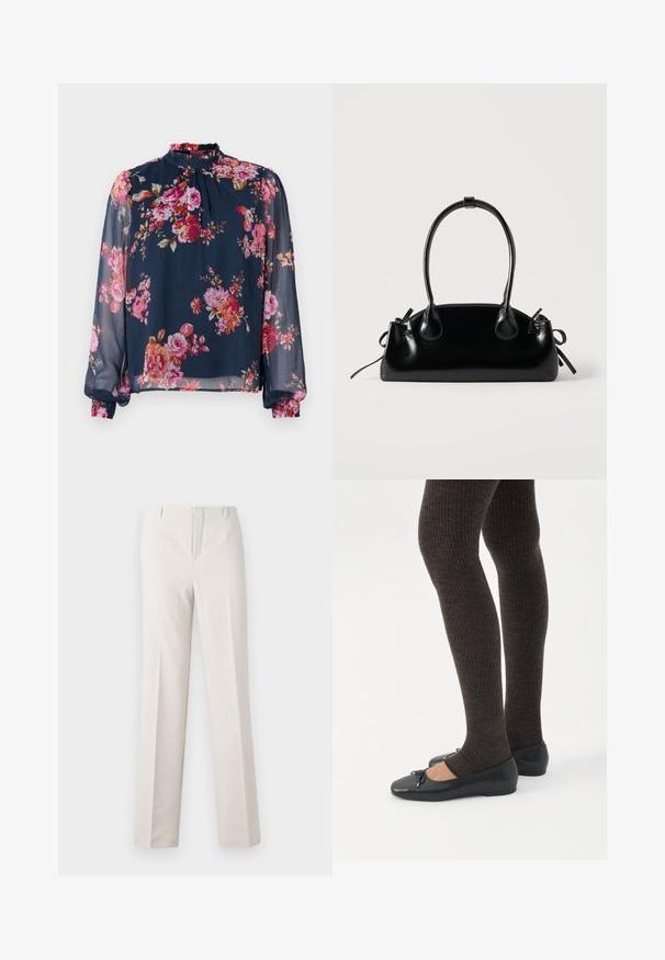 Blomstret bluse med lange, transparente ærmer; marineblå bundfarve med pink og orange blomster; høj halslinje og draperede manchetter ved håndleddene.; Beige skræddersyede bukser med lige ben, der har en glat tekstur, to forlommer og ingen synlige hardware detaljer.; Ben iført mørke ribbede leggings kombineret med sorte balletsko med små sløjfedetaljer på hvid baggrund.; Lille sort blank håndtaske med to lange håndtag og snøre-detaljer i siden på en ensfarvet lys baggrund.
