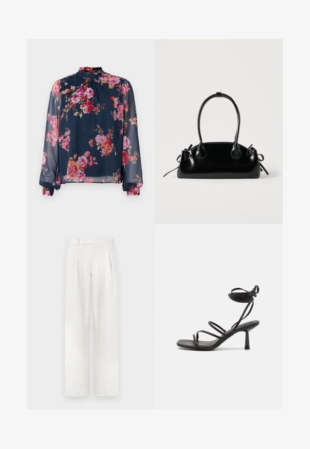 Blusa floral con mangas largas y transparentes; color base azul marino con flores rosas y naranjas; cuello alto y puños gather en las muñecas.; Pantalones de pierna ancha color crema con un frente plano, pliegues y una textura de tela suave. Diseñados con presillas para cinturón y dobladillos ajustados.; Sandalia negra de tiras con punta cuadrada, lazos ajustables en el tobillo y un tacón bloque delgado. Fabricada con un material suave y duradero.; Pequeño bolso negro brillante con dos asas largas y detalles de cordón lateral sobre un fondo claro liso.