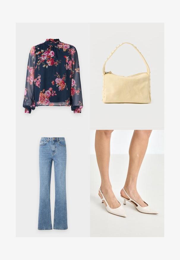Blomstret bluse med lange, transparente ærmer; marineblå bundfarve med pink og orange blomster; høj halslinje og draperede manchetter ved håndleddene.; Lys blå denimjeans med en flared benedesign, høj talje og minimal hardware. Har klassisk fem-lomme stil og diskret syning.; Beige patenterede læder slingback hæle med spids tå og 5 cm hæl, med udskårne sider og en tynd ankelrem.; Lille beige læderhåndtaske med en enkelt rem og sølvnitter langs kanterne og remmen, sat mod en ensfarvet baggrund.