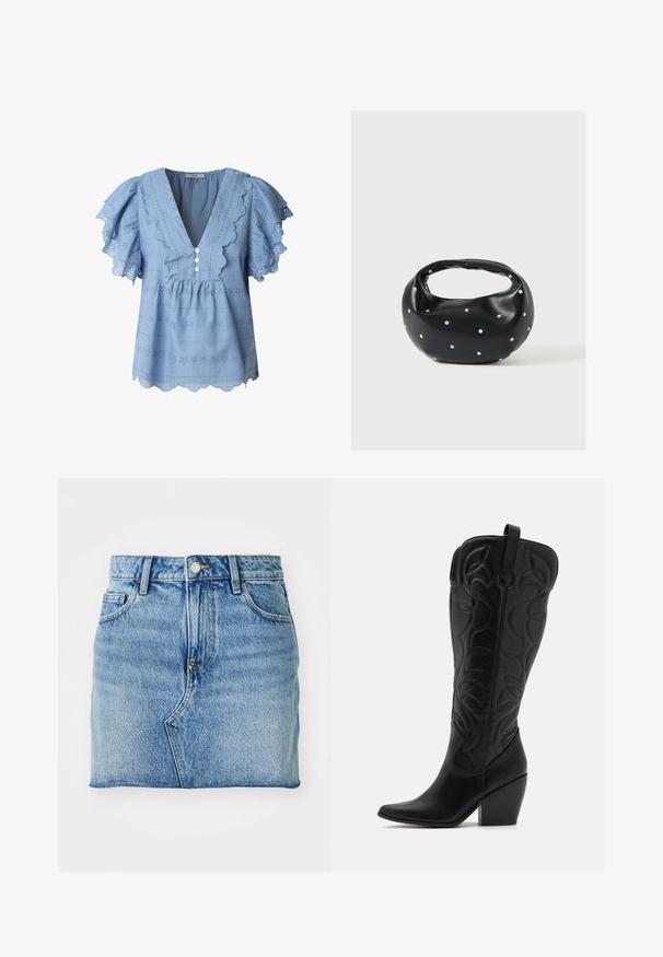 Himmelblaue Bluse mit gewellten Kanten und flatternden Ärmeln. Verfügt über Lochstickerei und einen dreifachen Knopfverschluss am V-Ausschnitt.; Der Jeans-Minirock besticht durch eine hellblaue Farbe, einen geraden Schnitt, ein Fünf-Taschen-Design und einen Knopfverschluss mit einer dezenten Ausblühtextur.; Schwarze kniehohe Stiefel aus Leder mit spitz zulaufender Zehenpartie und gestapeltem Absatz. Verfügt über dekorative Nähte und geschwungene Designelemente.; Schwarze Lederhandtasche mit abgerundeter Form, verziert mit silbernen Nietenakzenten und kurzem Griff. Glatte Struktur und Reißverschlussverschluss.