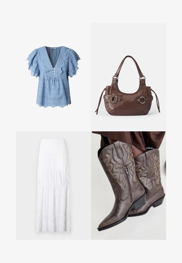 Lichtblauwe blouse met gegolfde randen en fluttermouwen. Heeft oogjesborduurwerk en een drieknoopsluiting bij de V-hals.; Witte, gelaagde maxi-rok gemaakt van lichtgewicht stof. Voorzien van een elastische tailleband en een subtiele textuur met horizontale naden.; Bruine leren cowboylaarzen met een spitse neus, zijrits en een textuur van een slang in beige, met decoratieve studs langs de randen.; Bruine leren handtas met ronde vorm, zilveren hardware, twee zijriemen en een gladde textuur. Beschikt over een enkele handgreep aan de bovenkant.