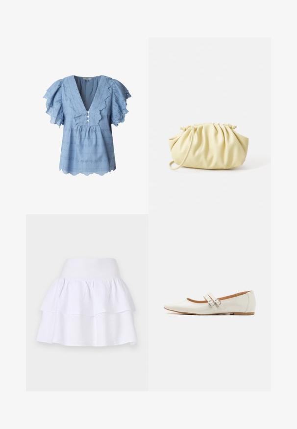 Lichtblauwe blouse met gegolfde randen en fluttermouwen. Heeft oogjesborduurwerk en een drieknoopsluiting bij de V-hals.; Witte gelaagde rok van lichtgewicht stof, met een zwierige uitstraling, een elastische tailleband en twee gerimpelde lagen.; Witte patenten leren ballerina's met een puntige neus, twee decoratieve banden met zilveren gespen en een subtiele bruine zool.; Geel geplooide handtas van soepel nepleer, met een zachte vorm, een enkele schouderriem en een verzameld ontwerp aan de bovenkant.
