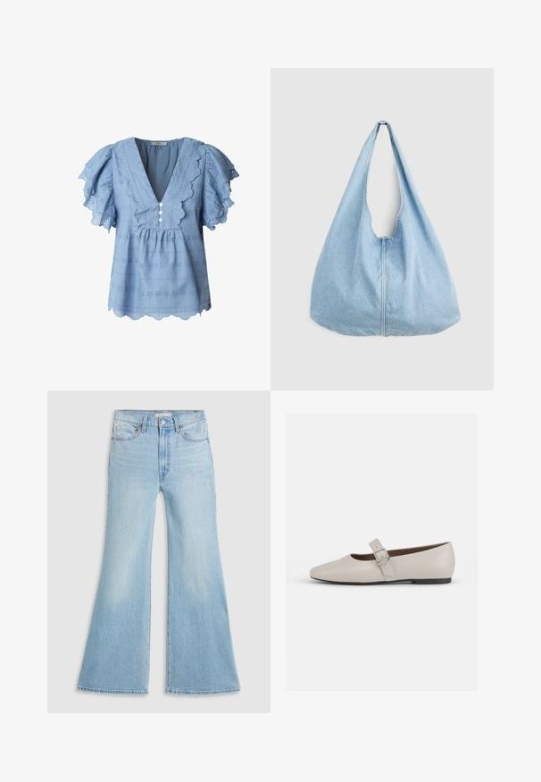 Blusa azul claro con bordes festoneados y mangas de vuelo. Presenta bordado de ojetes y cierre de tres botones en el escote en V.; Vaqueros acampanados de color azul claro con una cintura alta, hechos de mezclilla. Presentan un diseño clásico de cinco bolsillos y un acabado sin rematar en los puños.; Bailarina de cuero beige tipo Mary Jane con punta afilada, correa en el tobillo y detalle de hebilla plateada, que cuenta con un bajo tacón negro.; Bolso de hombro de mezclilla azul claro con una correa ancha y costura central visible, presentado sobre un fondo liso de color gris claro.