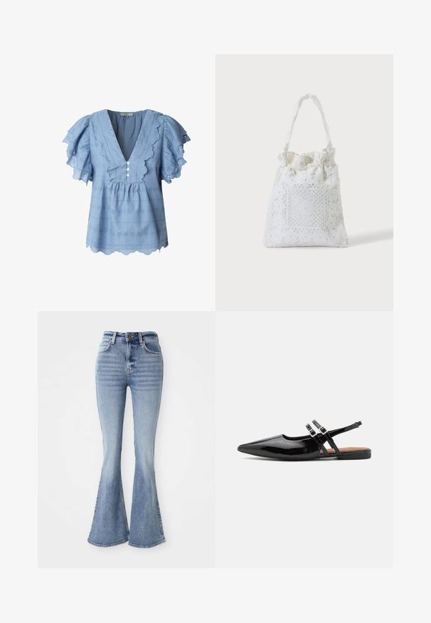 Lichtblauwe blouse met gegolfde randen en fluttermouwen. Heeft oogjesborduurwerk en een drieknoopsluiting bij de V-hals.; Lichtblauwe high-waisted denim jeans met uitlopende pijpen, een knoop aan de voorkant en zakken, gepresenteerd op een witte achtergrond.; Zwarte gepatineerde leren slingback schoenen hebben een spitse neus, twee banden met gespsieraden en een platte zool.; Witte stoffen draagtas met kanten bloemenborduurwerk en een geplooid bovenhandvat, getoond tegen een effen lichte achtergrond.