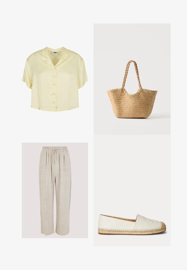 Chemisier à manches courtes, avec col, en tissu jaune clair et doux. Comprend une fermeture à boutons sur le devant et une coupe décontractée et courte.; Pantalon en lin beige avec une coupe large, taille élastique et cordon de serrage. Texture lisse avec de légers fils irréguliers dans le tissu.; Espadrille blanche à enfiler avec semelle en jute tressée et détails cousus le long des bords, vue de l'extérieur.; Sac cabas en paille tressée avec large base, poignées tressées et couleur beige naturel sur fond blanc uni.