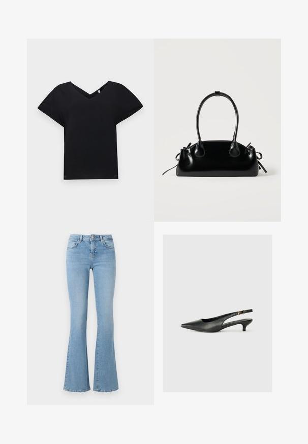 T-shirt noir à col en V avec des manches courtes, fabriqué en tissu lisse. Présente une coupe décontractée et un design unique en croix au niveau du col.; Jean évasé bleu clair à taille haute, fabriqué en denim. Comprend cinq poches et un fermoir à bouton. Texture lisse avec un léger délavage.; Chaussure slingback noire à bout pointu en cuir lisse. Présente un talon fin et un détail de boucle sur la sangle réglable.; Petit sac à main noir brillant avec deux longues anses et des détails à cordon sur les côtés sur un fond clair uni.