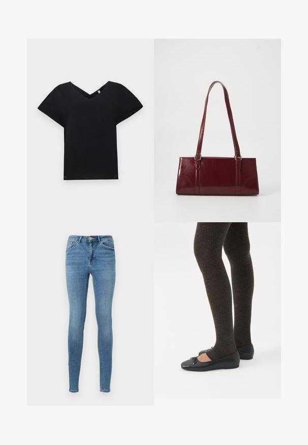 T-shirt noir à col en V avec des manches courtes, fabriqué en tissu lisse. Présente une coupe décontractée et un design unique en croix au niveau du col.; Jean skinny taille haute bleu avec poches avant, passants pour ceinture, fermeture à boutons et légère décoloration sur les cuisses et les genoux.; Jambes portant des leggings côtelés foncés associés à des ballerines noires avec de petits détails en nœud sur fond blanc.; Sac à main bordeaux en matériau brillant, de forme rectangulaire, avec deux anses et des accents légèrement courbés à l'avant.