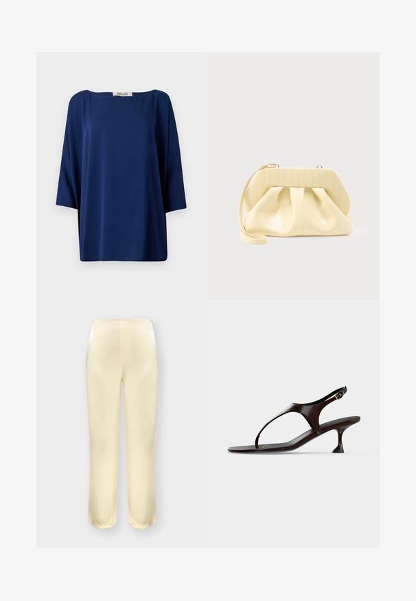 Navyblauw losvallend topje met een wijde halslijn en halve mouwen, met een gladde textuur en een minimalistisch ontwerp.; Crèmekleurige satijnen broeken met rechte pijpen, een gladde afwerking, zonder zichtbare zakken, van voren getoond tegen een effen achtergrond.; Donkerbruine lakleren slingbacksandaal met kittenheel en teenbandje op witte achtergrond.; Crème-kleurige leren clutch met een gestructureerd bovenframe en polsbandje, weergegeven tegen een effen lichte achtergrond.
