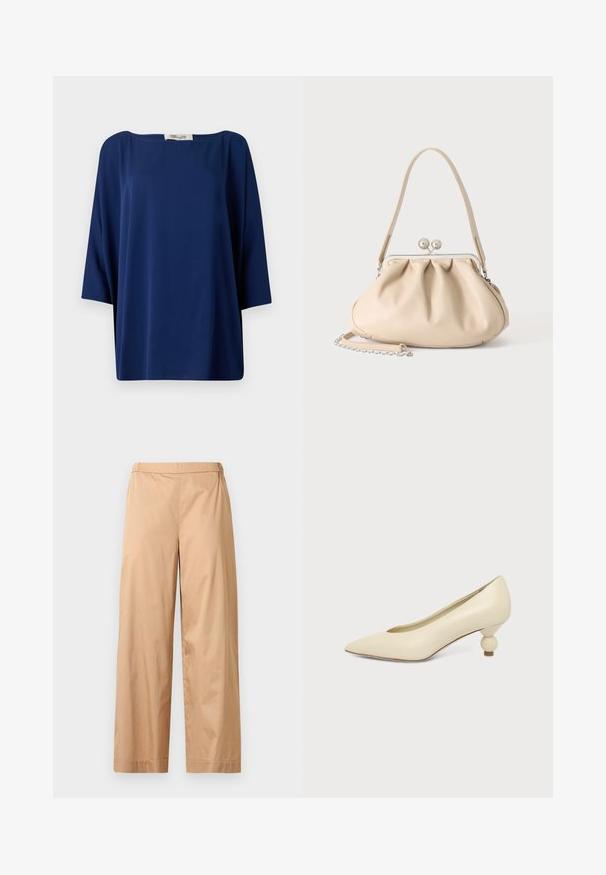 Navyblauw losvallend topje met een wijde halslijn en halve mouwen, met een gladde textuur en een minimalistisch ontwerp.; Beige broek met wijde pijpen, hoge taille, platte voorkant en rechte zoom, weergegeven tegen een effen lichtgrijze achtergrond.; Dames schoen in roomkleur met een puntige neus en een lage, ronde balvormige hak op een effen achtergrond.; Beige zachte leren handtas met een zilveren metalen frame sluiting, een enkele schouderriem en een optionele kettingriem op een witte achtergrond.