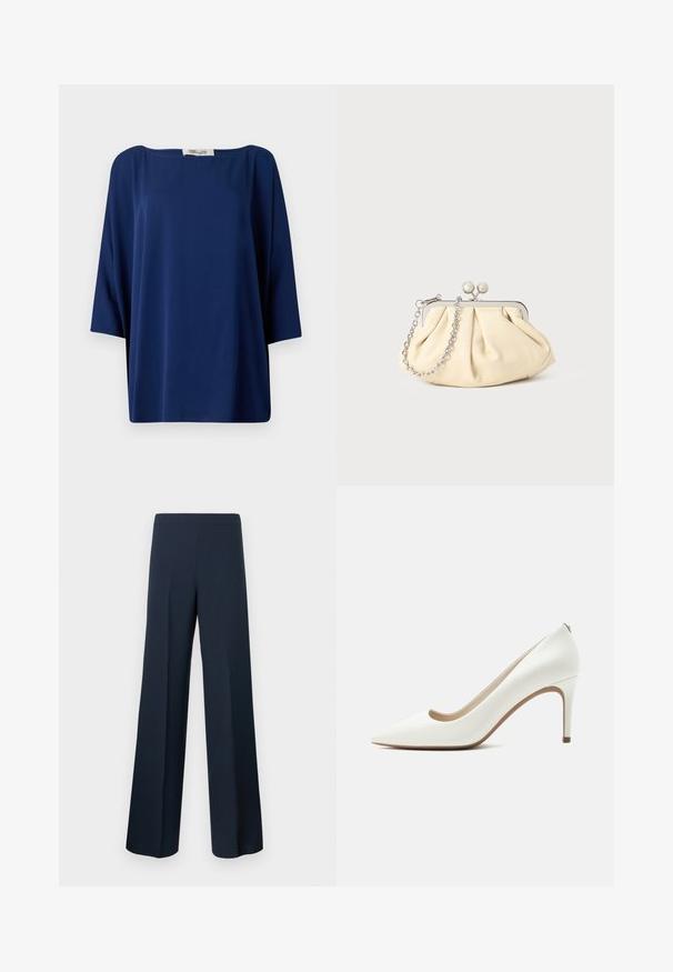 Navyblauw losvallend topje met een wijde halslijn en halve mouwen, met een gladde textuur en een minimalistisch ontwerp.; Marineblauwe wijde broek gemaakt van gladde stof met een hoge taille en zonder zichtbare sluitingen, met strakke lijnen en een gestroomlijnde silhouet.; Witte leren pumps met spits toelopende neus, een smalle hoge hak en een gladde afwerking, zijkant weergegeven op een effen lichte achtergrond.; Geplooide beige leren clutch met een zilveren metalen frame, voorzien van twee ronde decoratieve sluitingen en een zilveren kettingriem.