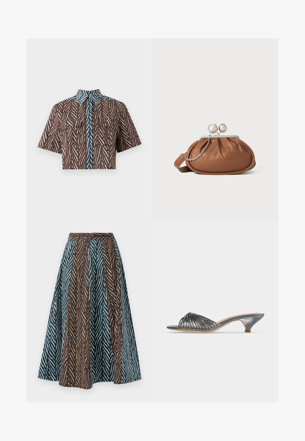 Diane von Furstenberg AMY - Chemisier - brown; Jupe midi marron et bleue avec un motif zigzag, un design plissé et une taille ajustée. Fabriquée en tissu léger.; Mule argentée métallisée à bout ouvert avec petit talon kitten et plusieurs fines brides formant un motif tissé sur le pied.; Pochette en cuir marron avec un fermoir à boule en argent et un petit détail en chaîne argentée sur fond blanc.
