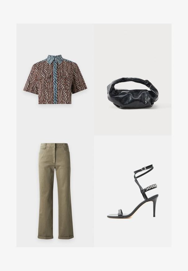 Diane von Furstenberg AMY - Chemisier - brown; Pantalons larges beige en tissu doux. Comprend un ourlet roulé, des poches avant et une fermeture éclair avec bouton.; Sandale noire à talon haut avec fine bride à la cheville, bride médiane décorée de maillons de chaîne argentés, et design à bout ouvert.; Sac noir en matériau texturé et brillant avec une poignée circulaire torsadée et une fermeture éclair. Présente un design doux et froissé.