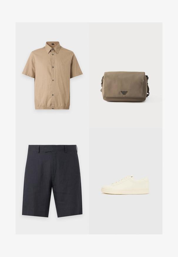Chemise beige à manches courtes, boutonnée, col pointu, cinq boutons sur le devant et un détail subtil avec un ourlet élastique.; Shorts bleu marine cintrés arrivant au genou avec passants de ceinture, fermeture éclair dissimulée et design épuré et minimaliste.; Baskets couleur crème avec une tige en cuir lisse, bout arrondi, laçage à l'avant et semelle en caoutchouc texturée. Design minimaliste, sans logo.; Sac bandoulière rectangulaire taupe avec fermeture à rabat et petit emblème métallique de logo centré à l'avant sur fond blanc.